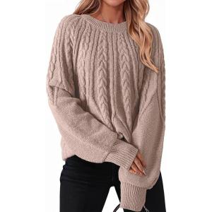 imageDokotoo Womens Sweaters Crewneck Long Sleeve Cable Knit Chunky Sweater Tops Fashion 2025 Fall OutifitsKhaki
