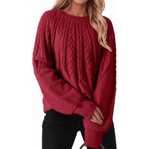 imageDokotoo Womens Sweaters Crewneck Long Sleeve Cable Knit Chunky Sweater Tops Fashion 2025 Fall OutifitsRed