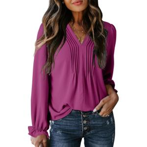 imageDokotoo Womens Tops Casual Pleated V Neck Puff Long Sleeve T Shirts Loose Tunic Business BlouseHot Pink