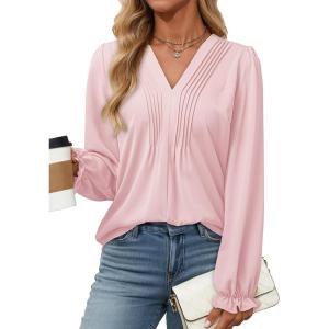 imageDokotoo Womens Tops Casual Pleated V Neck Puff Long Sleeve T Shirts Loose Tunic Business BlousePink