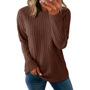 imageDokotoo Womens Tops Long Sleeve Lightweight Shirts 2025 Fall Fashion Clothing Trendy Tops Crewneck Knit Basic TeeCoffee