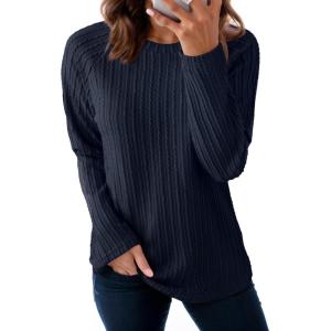 imageDokotoo Womens Tops Long Sleeve Lightweight Shirts 2025 Fall Fashion Clothing Trendy Tops Crewneck Knit Basic TeeNavy Blue