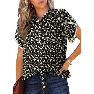 imageDokotoo Womens Tops Summer Casual Boho Floral Print Short Sleeve Half Button Down V Neck Chiffon Blouses ShirtsBlack 10220