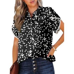 imageDokotoo Womens Tops Summer Casual Boho Floral Print Short Sleeve Half Button Down V Neck Chiffon Blouses ShirtsBlack