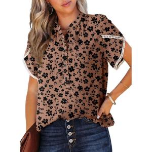 imageDokotoo Womens Tops Summer Casual Boho Floral Print Short Sleeve Half Button Down V Neck Chiffon Blouses ShirtsBrown 1720