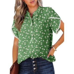 imageDokotoo Womens Tops Summer Casual Boho Floral Print Short Sleeve Half Button Down V Neck Chiffon Blouses ShirtsGreen 20920