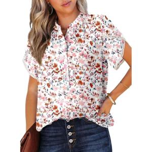 imageDokotoo Womens Tops Summer Casual Boho Floral Print Short Sleeve Half Button Down V Neck Chiffon Blouses ShirtsPink