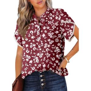 imageDokotoo Womens Tops Summer Casual Boho Floral Print Short Sleeve Half Button Down V Neck Chiffon Blouses ShirtsRed 10320