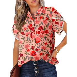 imageDokotoo Womens Tops Summer Casual Boho Floral Print Short Sleeve Half Button Down V Neck Chiffon Blouses ShirtsRosy 10620