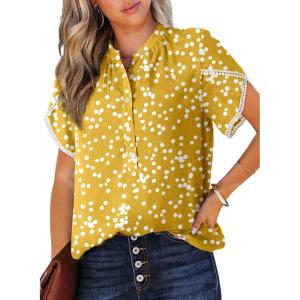 imageDokotoo Womens Tops Summer Casual Boho Floral Print Short Sleeve Half Button Down V Neck Chiffon Blouses ShirtsYellow