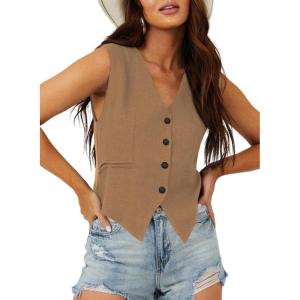 imageDokotoo Womens Vest Dressy Casual VNeck ButtonDown Lined Suit Jacket Waistcoat Versatile VestsBrown