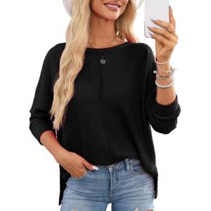 imageDokotoo Womens Waffle Knit Tops 2025 Oversized Long Sleeve Shirts Crewneck Dressy Casual Blouses Fall OutfitsBlack