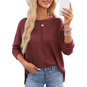 imageDokotoo Womens Waffle Knit Tops 2025 Oversized Long Sleeve Shirts Crewneck Dressy Casual Blouses Fall OutfitsBurgundy