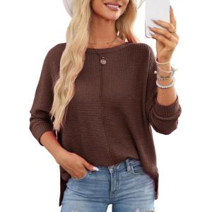 imageDokotoo Womens Waffle Knit Tops 2025 Oversized Long Sleeve Shirts Crewneck Dressy Casual Blouses Fall OutfitsCoffee