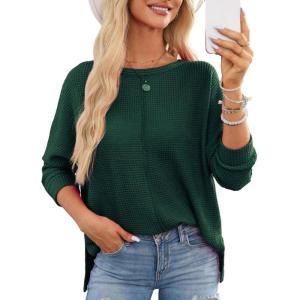 imageDokotoo Womens Waffle Knit Tops 2025 Oversized Long Sleeve Shirts Crewneck Dressy Casual Blouses Fall OutfitsEvergreen