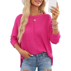 imageDokotoo Womens Waffle Knit Tops 2025 Oversized Long Sleeve Shirts Crewneck Dressy Casual Blouses Fall OutfitsHot Pink