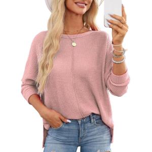 imageDokotoo Womens Waffle Knit Tops 2025 Oversized Long Sleeve Shirts Crewneck Dressy Casual Blouses Fall OutfitsLight Pink