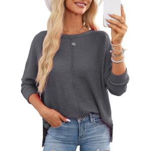 imageDokotoo Womens Waffle Knit Tops 2025 Oversized Long Sleeve Shirts Crewneck Dressy Casual Blouses Fall OutfitsMedium Grey
