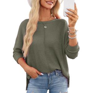 imageDokotoo Womens Waffle Knit Tops 2025 Oversized Long Sleeve Shirts Crewneck Dressy Casual Blouses Fall OutfitsMoss Green