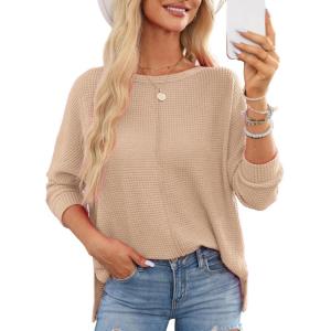 imageDokotoo Womens Waffle Knit Tops 2025 Oversized Long Sleeve Shirts Crewneck Dressy Casual Blouses Fall OutfitsOatmeal