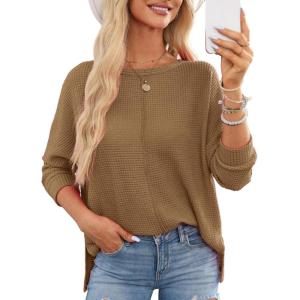imageDokotoo Womens Waffle Knit Tops 2025 Oversized Long Sleeve Shirts Crewneck Dressy Casual Blouses Fall OutfitsStraw Yellow