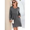 imageDokotoo Fall Dresses for 2024 Long Sleeve V Neck Smocked Elastic Waist Casual ALine Swing Mini Dress with PocketsGrey