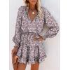 imageDokotoo Fall Dresses for Women 2025 Boho Floral Drawstring V Neck Smocked Long Sleeve Ruffle Tiered Chiffon Mini DressZ Print Leopard