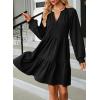 imageDokotoo Fall Dresses for Women 2025 Long Sleeve V Neck Textured Casual Lightweight Tiered Ruffle ALine Mini Babydoll DressBlack