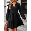 imageDokotoo Fall Dresses for Women 2025 Long Sleeve V Neck Textured Casual Lightweight Tiered Ruffle ALine Mini Babydoll DressBlack