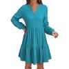 imageDokotoo Fall Dresses for Women 2025 Long Sleeve V Neck Textured Casual Lightweight Tiered Ruffle ALine Mini Babydoll DressBlue