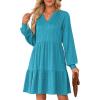 imageDokotoo Fall Dresses for Women 2025 Long Sleeve V Neck Textured Casual Lightweight Tiered Ruffle ALine Mini Babydoll DressBlue
