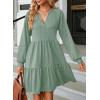 imageDokotoo Fall Dresses for Women 2025 Long Sleeve V Neck Textured Casual Lightweight Tiered Ruffle ALine Mini Babydoll DressGreen
