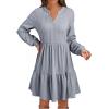 imageDokotoo Fall Dresses for Women 2025 Long Sleeve V Neck Textured Casual Lightweight Tiered Ruffle ALine Mini Babydoll DressGrey