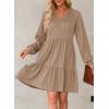 imageDokotoo Fall Dresses for Women 2025 Long Sleeve V Neck Textured Casual Lightweight Tiered Ruffle ALine Mini Babydoll DressKhaki
