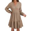 imageDokotoo Fall Dresses for Women 2025 Long Sleeve V Neck Textured Casual Lightweight Tiered Ruffle ALine Mini Babydoll DressKhaki