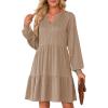 imageDokotoo Fall Dresses for Women 2025 Long Sleeve V Neck Textured Casual Lightweight Tiered Ruffle ALine Mini Babydoll DressKhaki