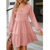 imageDokotoo Fall Dresses for Women 2025 Long Sleeve V Neck Textured Casual Lightweight Tiered Ruffle ALine Mini Babydoll DressPink
