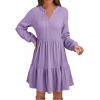 imageDokotoo Fall Dresses for Women 2025 Long Sleeve V Neck Textured Casual Lightweight Tiered Ruffle ALine Mini Babydoll DressPurple