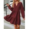 imageDokotoo Fall Dresses for Women 2025 Long Sleeve V Neck Textured Casual Lightweight Tiered Ruffle ALine Mini Babydoll DressRed