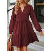 imageDokotoo Fall Dresses for Women 2025 Long Sleeve V Neck Textured Casual Lightweight Tiered Ruffle ALine Mini Babydoll DressRed