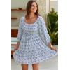 imageDokotoo Summer Dresses for Women 2025 Boho Floral Square Neck Smocked 34 Sleeve Casual ALine Swing Mini Dress SundressSky Blue