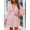 imageDokotoo Womens 2024 Polka Dot Deep V Neck Ruffle Long Sleeve Open Back Flowy Mini DressSolid2 Pink