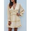 imageDokotoo Womens 2025 Summer Spring Deep V Neck Ruffle Long Sleeve Open Back Flowy Mini DressBeige