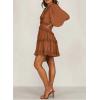 imageDokotoo Womens 2025 Summer Spring Deep V Neck Ruffle Long Sleeve Open Back Flowy Mini DressSolid Brown