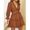 imageDokotoo Womens 2025 Summer Spring Deep V Neck Ruffle Long Sleeve Open Back Flowy Mini DressSolid Brown