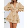 imageDokotoo Womens Casual Spring Fall 2025 Deep V Neck Knotted Tiered Chiffon Elegant Mini Short Swing Skater Dresses3 Apricot 2