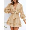 imageDokotoo Womens Casual Spring Fall 2025 Deep V Neck Knotted Tiered Chiffon Elegant Mini Short Swing Skater Dresses3 Apricot 2