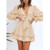 imageDokotoo Womens Casual Spring Fall 2025 Deep V Neck Knotted Tiered Chiffon Elegant Mini Short Swing Skater Dresses3 Apricot