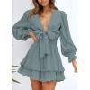 imageDokotoo Womens Casual Spring Fall 2025 Deep V Neck Knotted Tiered Chiffon Elegant Mini Short Swing Skater Dresses3 Blue 3