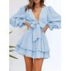 imageDokotoo Womens Casual Spring Fall 2025 Deep V Neck Knotted Tiered Chiffon Elegant Mini Short Swing Skater Dresses3 Blue